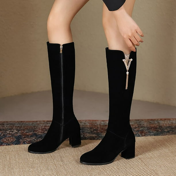 Black knee high boots with fur trim deals