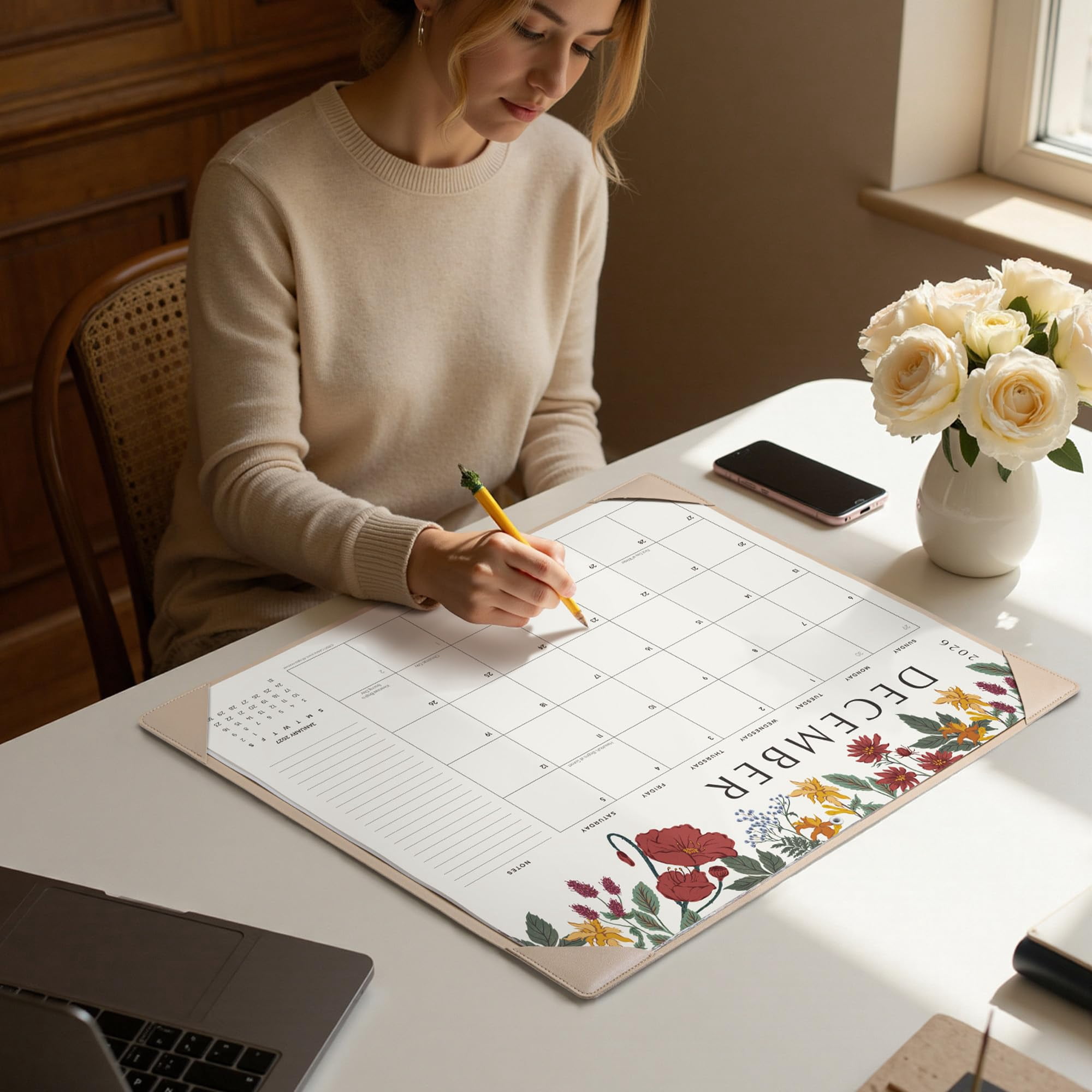 Desk Calendar 2026 With Desktop Mat  Large Pad 22 X 17 Inch Runs From July 2026 To December 2027 Classic Floral Design 2026 For Home School And Office (apricot)