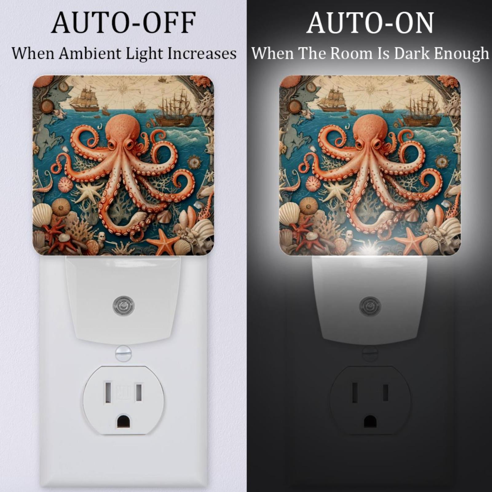 PhooArto Vintage Map Octopus Plug in LED Night Light Auto Sensor Dusk to Dawn Decorative Night for Bedroom, Bathroom, Kitchen, Hallway, Stairs, Baby's Room, Energy Saving