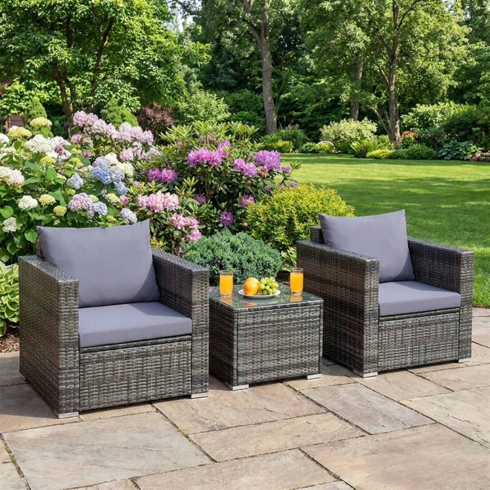 Biotree 3 Piece Patio Rattan Bistro Sofa Set outdoor conversation set with cushions and tempered glass coffee table for balcony garden and porch, Gray