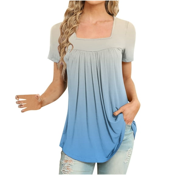 MIUOWANP Women's Short Sleeve Tops Casual Gradient Color Loose Breathable Square Neckline Pleated T-Shirt Size S(4)Blue