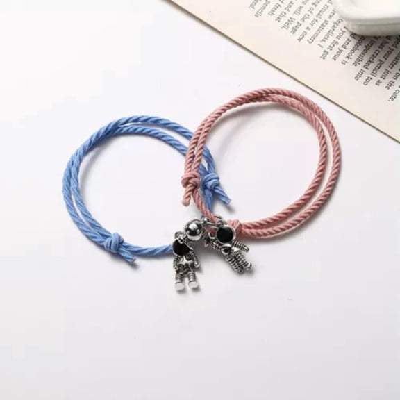 GKNET 2PCS Astronaut Charm Couple Bracelets Magnetic Long Distance Bracelet Elastic-Blue Pink