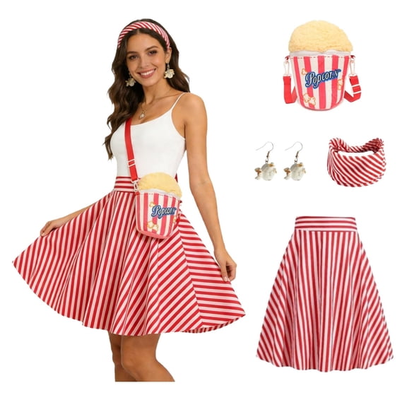 FRSASU Striped Skirt for Women High Waist A-Line Flared Skirt Casual Retro Knee Length Skirts with Ornaments Bag Red