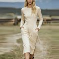 thumbnail image 6 of ClodeEU Women's Round Neck Long Sleeve Fringe Suede Slim Fit Western Style Midi Dress Beige,Womens Plus XXL, 6 of 7