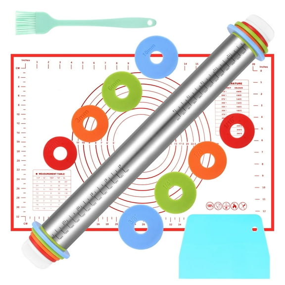 Topekada 17in Adjustable Rolling Pin with Pastry Mat Set, Non-Stick Stainless Steel Roller with Removable Thickness Rings and Baking Mat, Pastry Brush and Bench Scraper for Cooking Pizza Pie Cookies
