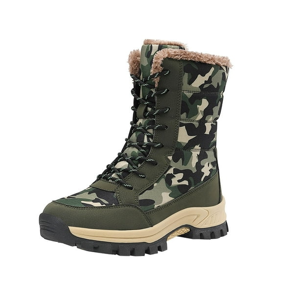 Xfvqtps Womens Snow Boots Camouflage Lace Up Plush Fleece Line Thick Soles Non Slip Waterproof Outdoor Travel Climbing Canvas Boots Winter New Insulation High Top Cotton Shoes Green