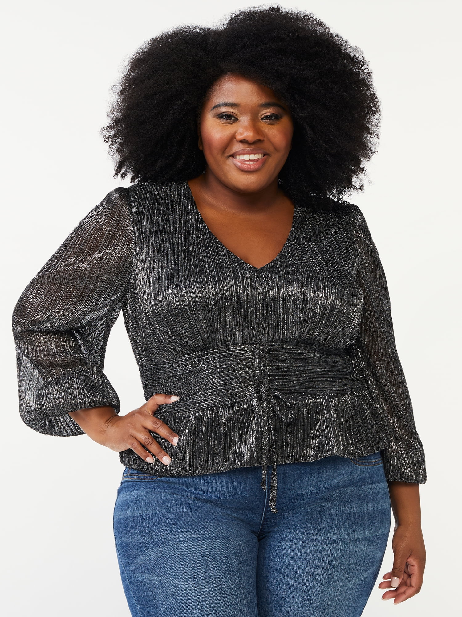 Sequin Plus Size Long Sleeve Peplum Tops Sofia Jeans By Sofia
