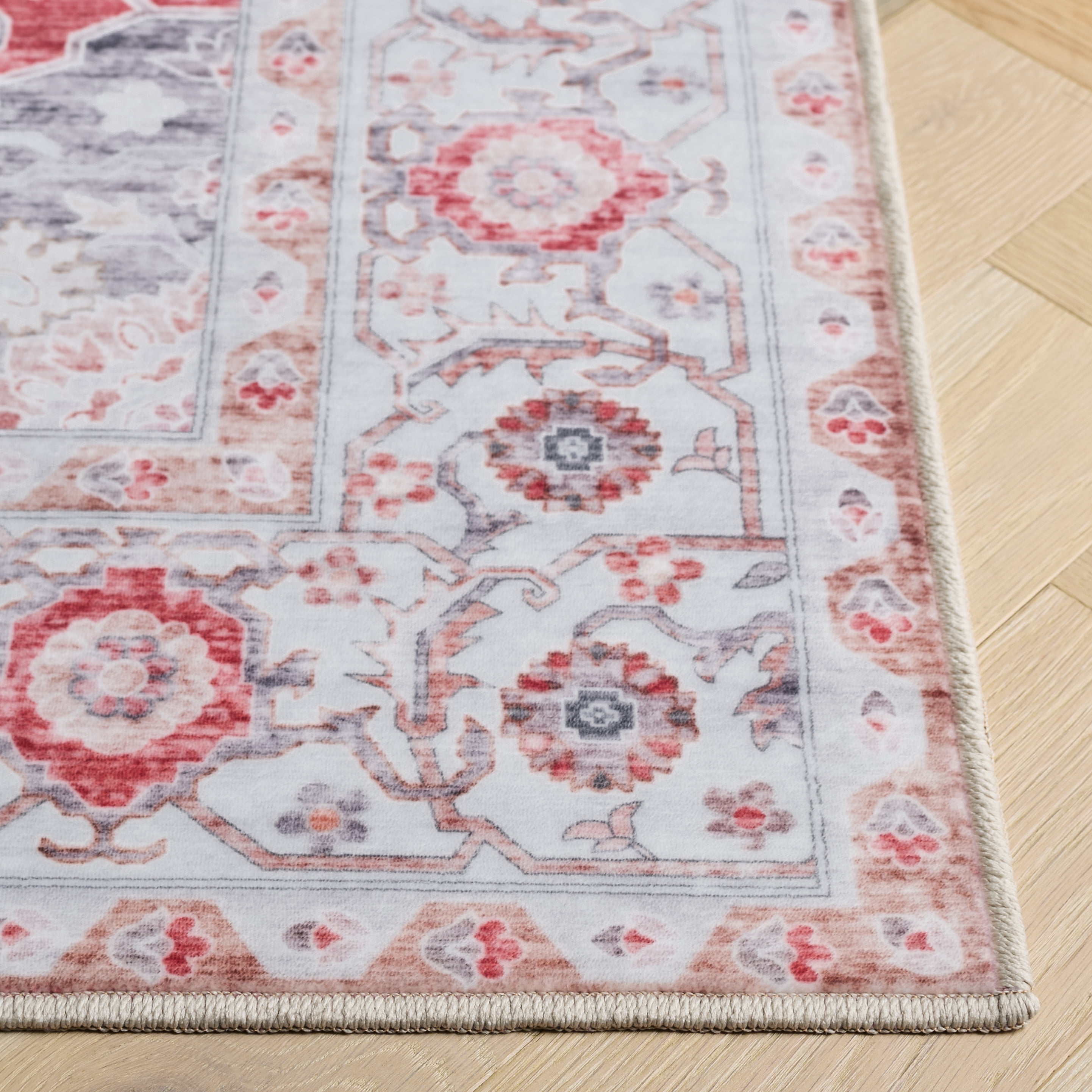 SAFAVIEH Arizona Seine Oriental Machine Washable Area Rug, Light Gray/Rust, 5' x 7'