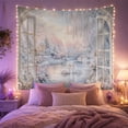 thumbnail image 2 of Two Swans Within a Snowy Window-Framed Garden with Pink Roses, Romantic Fantasy for Bird Lovers, Nature Wall Art, Anniversary Gift, Tapestry Wall Hanging for Bedroom and Den, 2 of 7