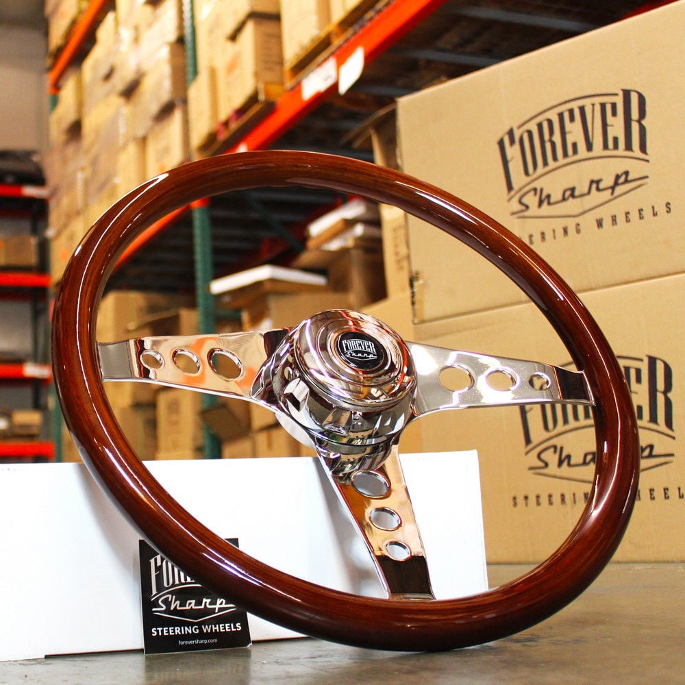 18" Polished Chrome Steering Wheel for Big Rigs w/ Dark Wood Grip
