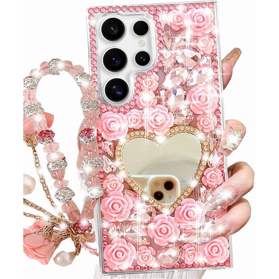 for Samsung Galaxy S25 Ultra Glitter Bling Case,Cute 3D Sparkle Heart Makeup Mirror Crystal Rhinestone Flowers Diamond Gems with Lanyard Wrist Strap Women Girls Case for Galaxy S25 Ultra,Pink