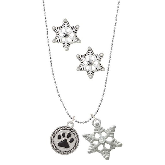 Delight Jewelry Silvertone Black Paw in Rope Border Silver tone Snowflake Charm Necklace and Stud Earrings