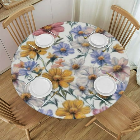 QKZF Spring Floral Round Tablecloth Watercolor Colorful Daisy Flowers Table Cover with Elastic Edge Washable Fitted Table Cloth for Kitchen Patry Outdoor Decor 31 -35