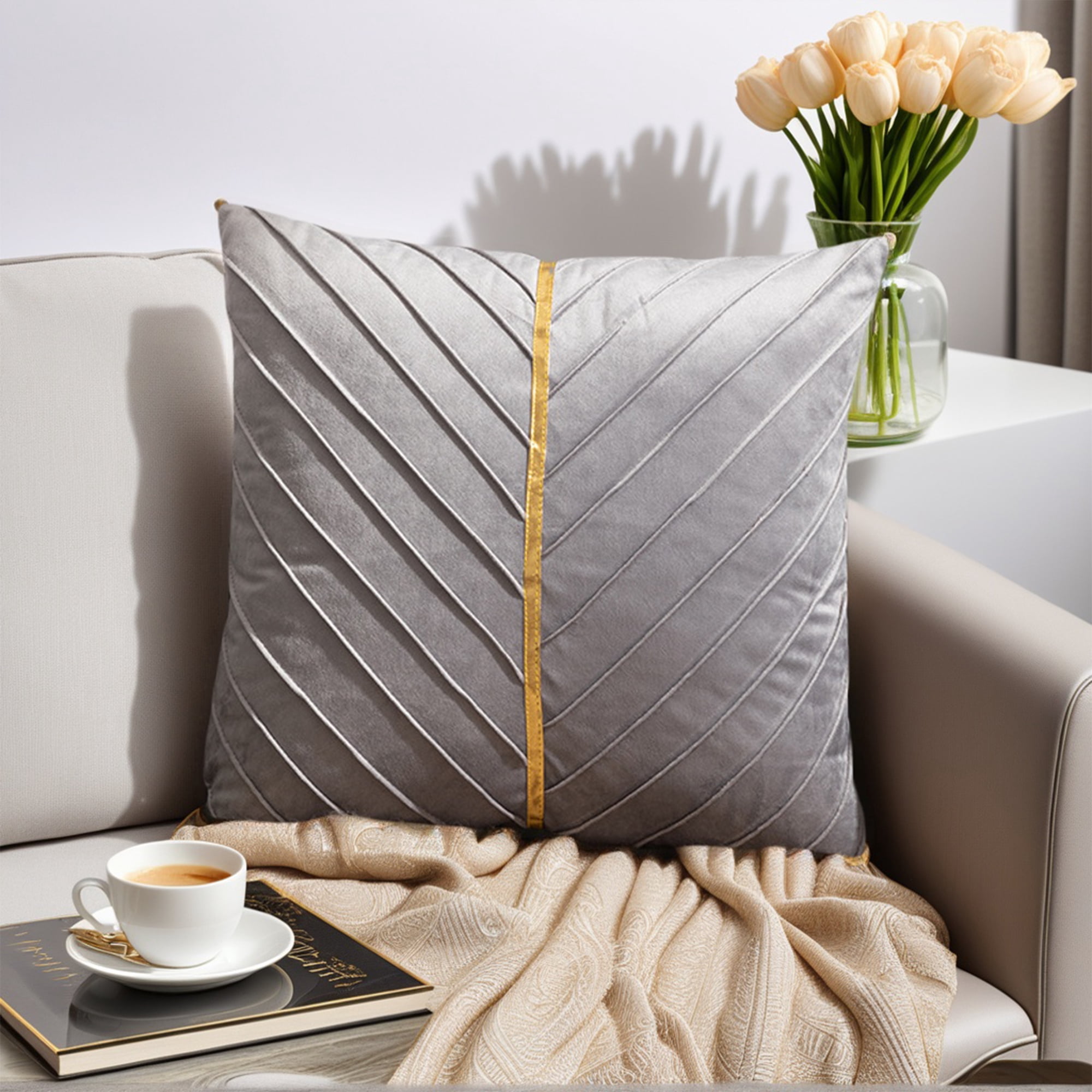 Unique Bargains Velvet Throw Pillow Cover with Gold Striped Cushion Grey 18" x 18"