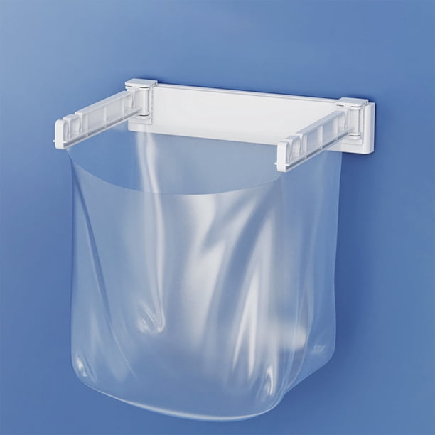 Soporte plegable para bolsa de basura de cocina | Soporte de almacenamiento montado en la pared para el hogar | Colgador de bolsas de basura de plástico que ahorra espacio | Blanco | Bastidor
