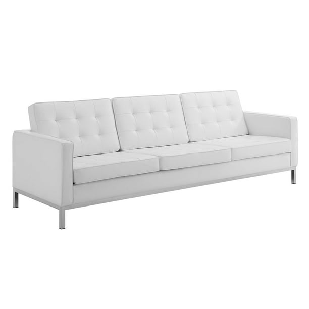 Tufted Upholstered Faux Leather Sofa, Tufted White Leather Couch