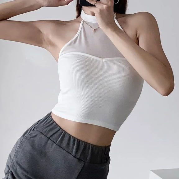 Homenesgenics Tank Tops for Women under $5 Women's Solid Color Matching Bottom Suspender With Round Neck White M