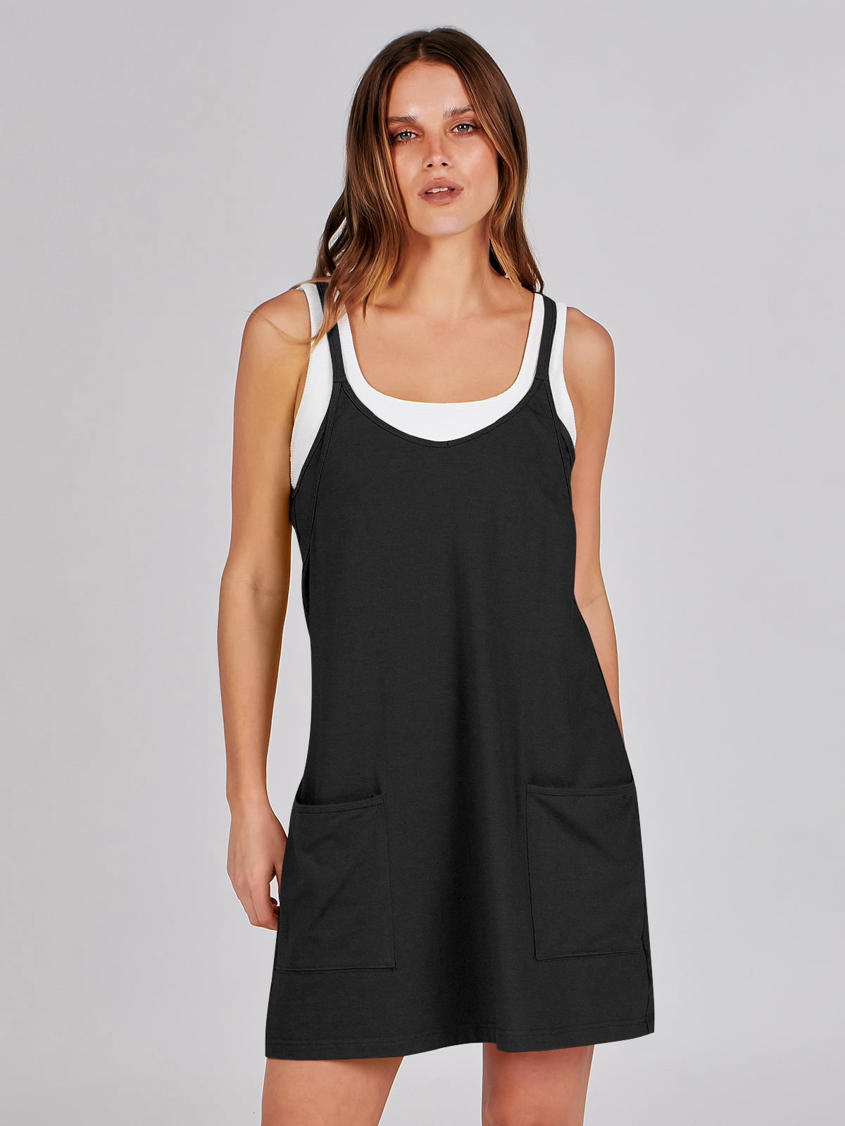 ANRABESS Athletic Dress for Women Tennis Dress with Shorts Summer Active Workout Romper Dress Sleeveless Spaghetti Strap Mini Dress Casual Sundress Vacation Outfits Black XS