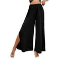 thumbnail image 6 of Iugvhana Women's Casual Wide Leg Pants High Elastic Waisted Side Button Split Lounge Trousers Loose Swing Vacation Beach Long Pants Black M, 6 of 9