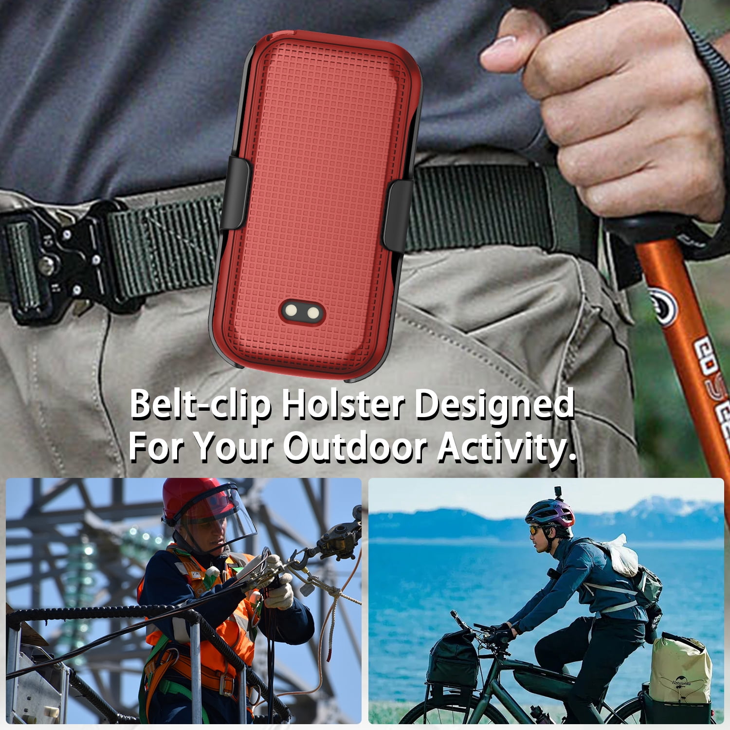 Nakedcellphone Case and Belt Clip Combo for Sonim XP3plus 5G Flip Phone (XP3 Plus X320, 2025), Textured Hard Cover and Holster/Holder - Bold Red