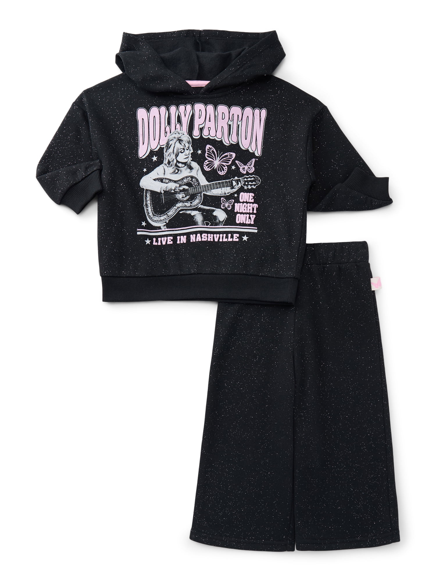 Dolly Parton Baby and Toddler Girls Graphic Glitter Hoodie and Flare Pants Set, 2-Piece, Sizes 12M-5T