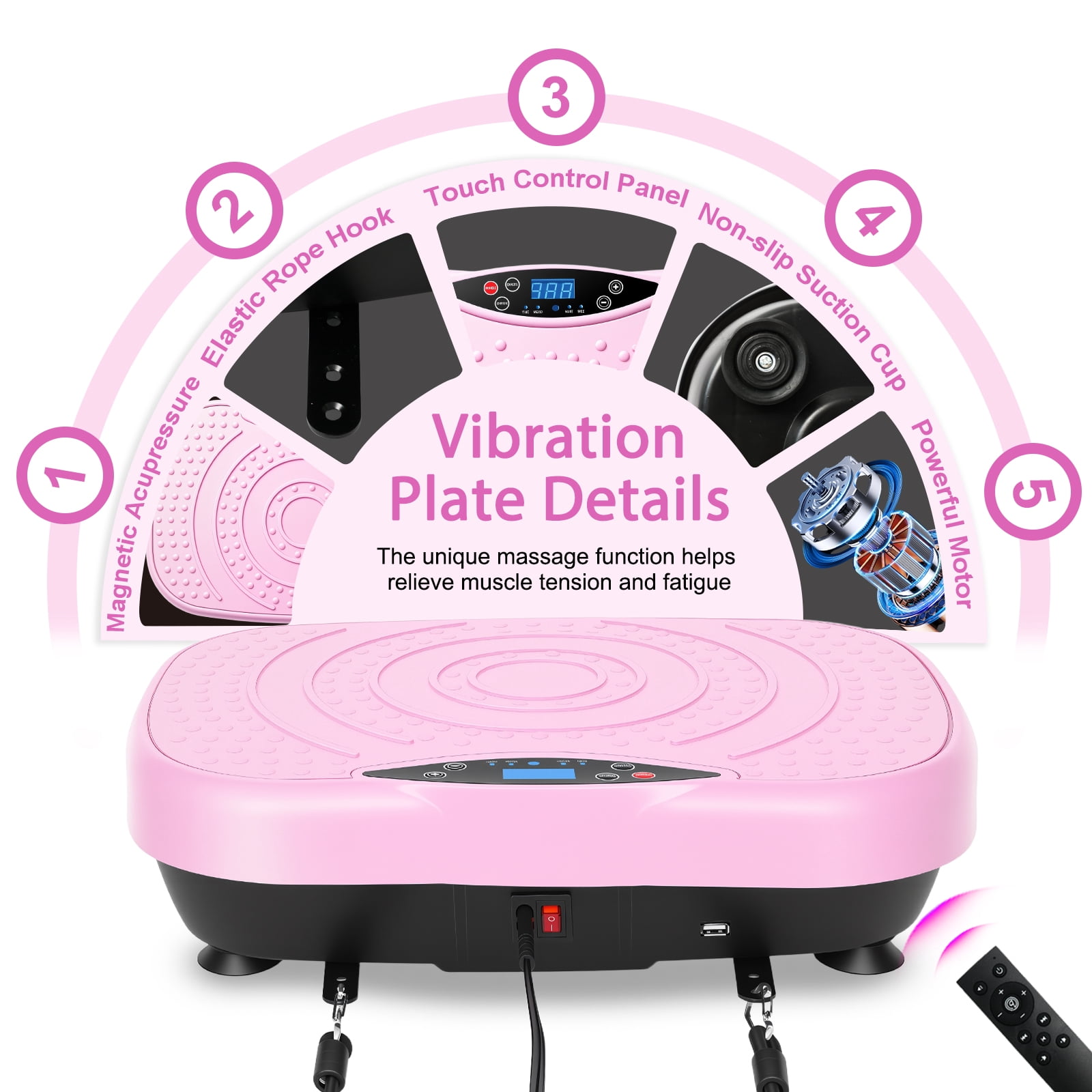 RICAN Vibration Plate Exercise Machine with Bluetooth, Resistance Bands, Loop Bands & Remote Control for Weight Loss Fat Burner, Pink