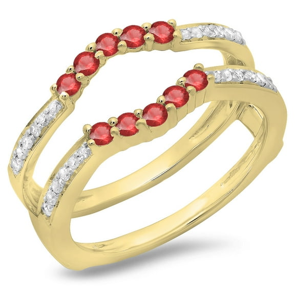 Dazzlingrock Collection 14K Ruby & White Diamond Ladies Wedding Band 5 Stone Enhancer Guard Double Ring, Yellow Gold, Size 9.5