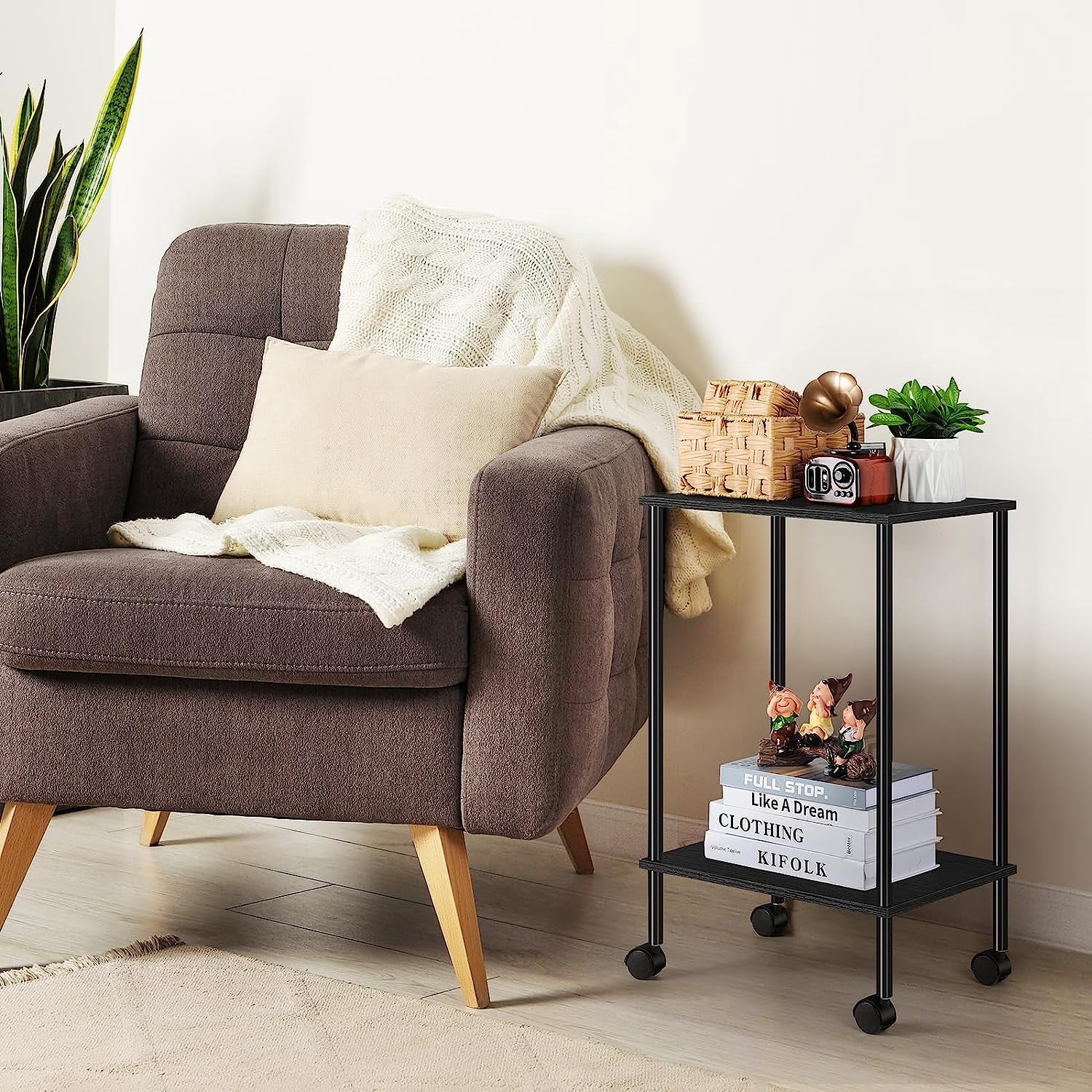 2-Tier Rolling Side End Table, Black Set of 2