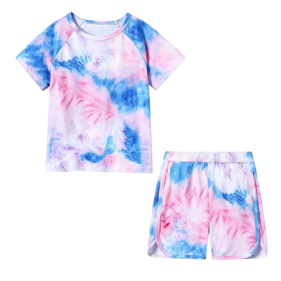 Outfits for Girls Tie-Dye Print Short Sleeve Crew Neck Top And Shorts 2 Piece Daily Wear Girls' Clothing Sets 2 Years-3 Years