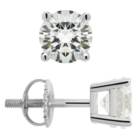 14K Solid White Gold Stud Earrings | Round Cut Cubic Zirconia | Screw Back Posts | 2.0 CTW