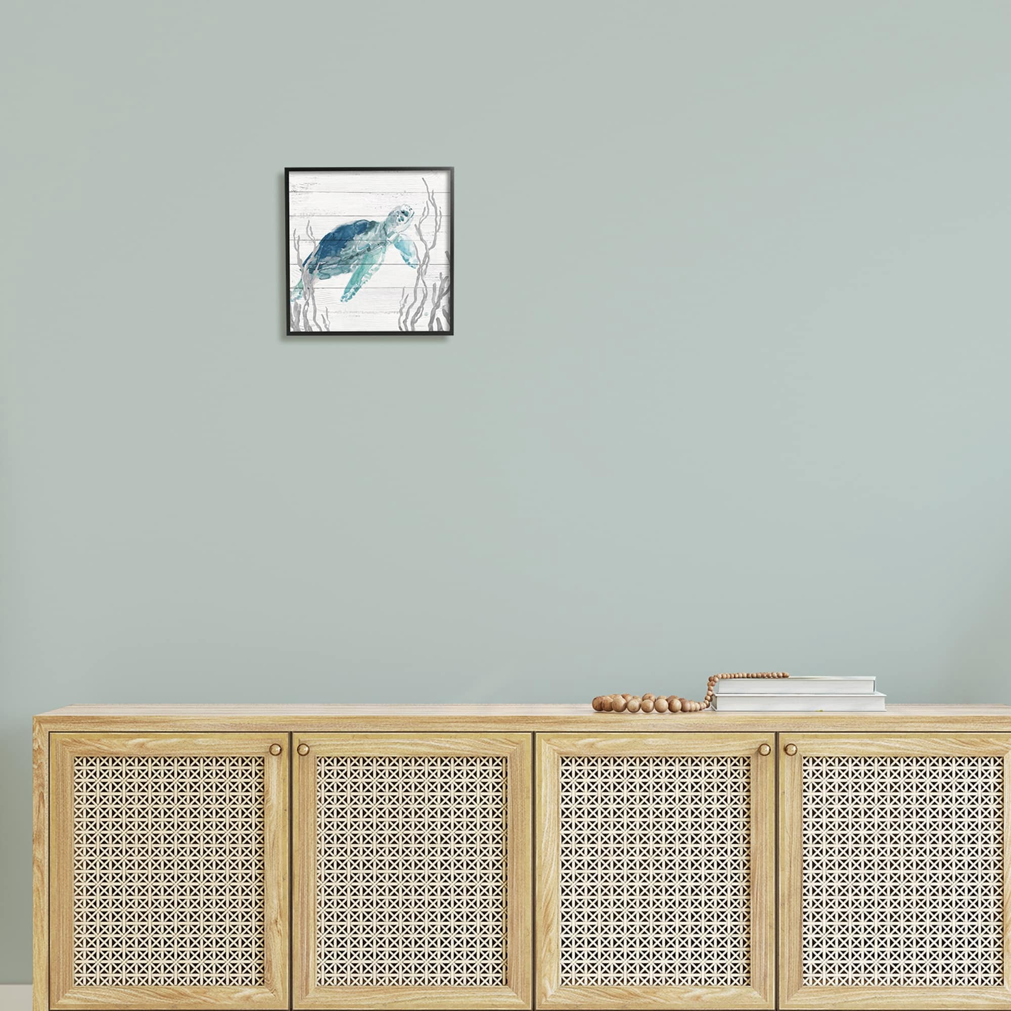 Stupell Industries Sea Turtle Ocean Botanicals Rustic Plank Pattern Graphic Art Black Framed Art Print Wall Art, Design by Carol Robinson