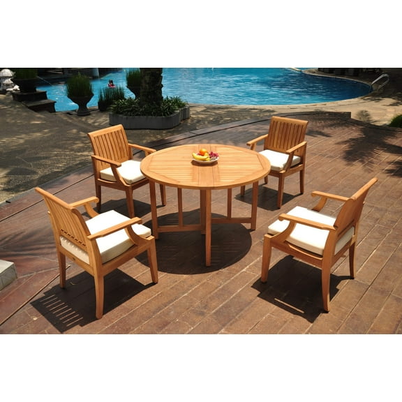 Grade-A Teak Dining Set: 4 Seater 5 Pc: 48" Round Butterfly Table And 4 Lagos Arm Chairs Outdoor Patio WholesaleTeak #WMLG8