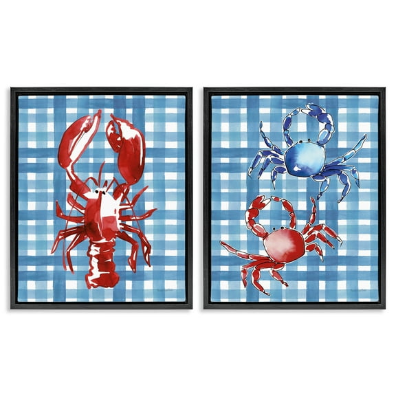 Stupell Industries Coastal Cuisines on Plaid Animals Painting Black Floater Framed Canvas Art Print Wall Art, 17 x 21, Set of 2