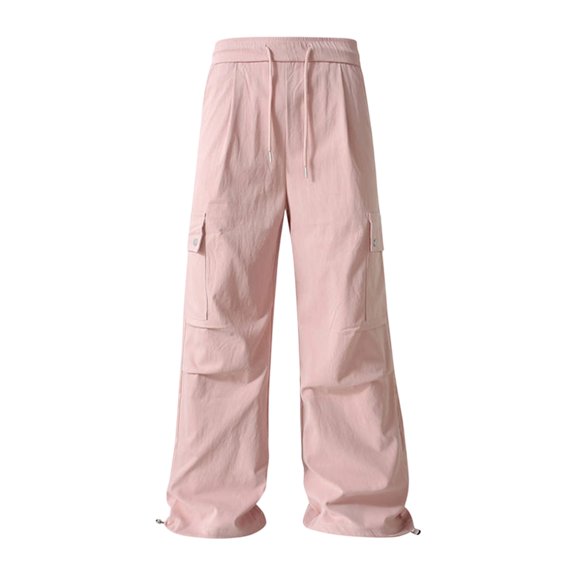 Men's Cargo Pants Wide Leg Loose Fit Casual Pants Elastic Waist Drawstring Sweatpants with Pockets Pink XL