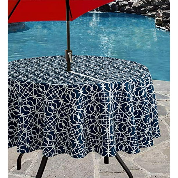 Benson Mills Indoor Outdoor Spillproof Tablecloth For Spring Summer Party Picnic Geo Blue 70 Round With Umbrella Hole Com Benson Mills Indoor Outdoor Spillproof, How To Put An Umbrella Hole In A Tablecloth