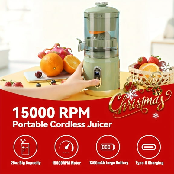 Cold Press Juicer Machine, Portable USB-C Rechargeable Slow Masticating Juicer with Large Feed Chute for Whole Fruits & Vegetables, Includes 3 Replaceable Filters, Easy-to-Clean Electric Citrus Juice