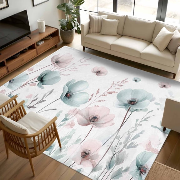 8x10 Area Rugs Teal Pink Spring Floral Non-Skid Rubber Backing Large Rectangle Rugs - Living Room Bedroom Home Office, Summer Botanical Watercolor Indoor Floor Mat Carpets Washable Rug