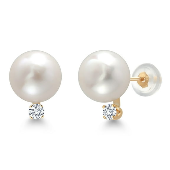 Gem Stone King 14K Yellow Gold Cultured Freshwater Pearls and White Lab Grown Diamond Stud Earrings for Women (Pearl: 6.5MM, Diamond: 0.13 Cttw, Round 2.5MM)