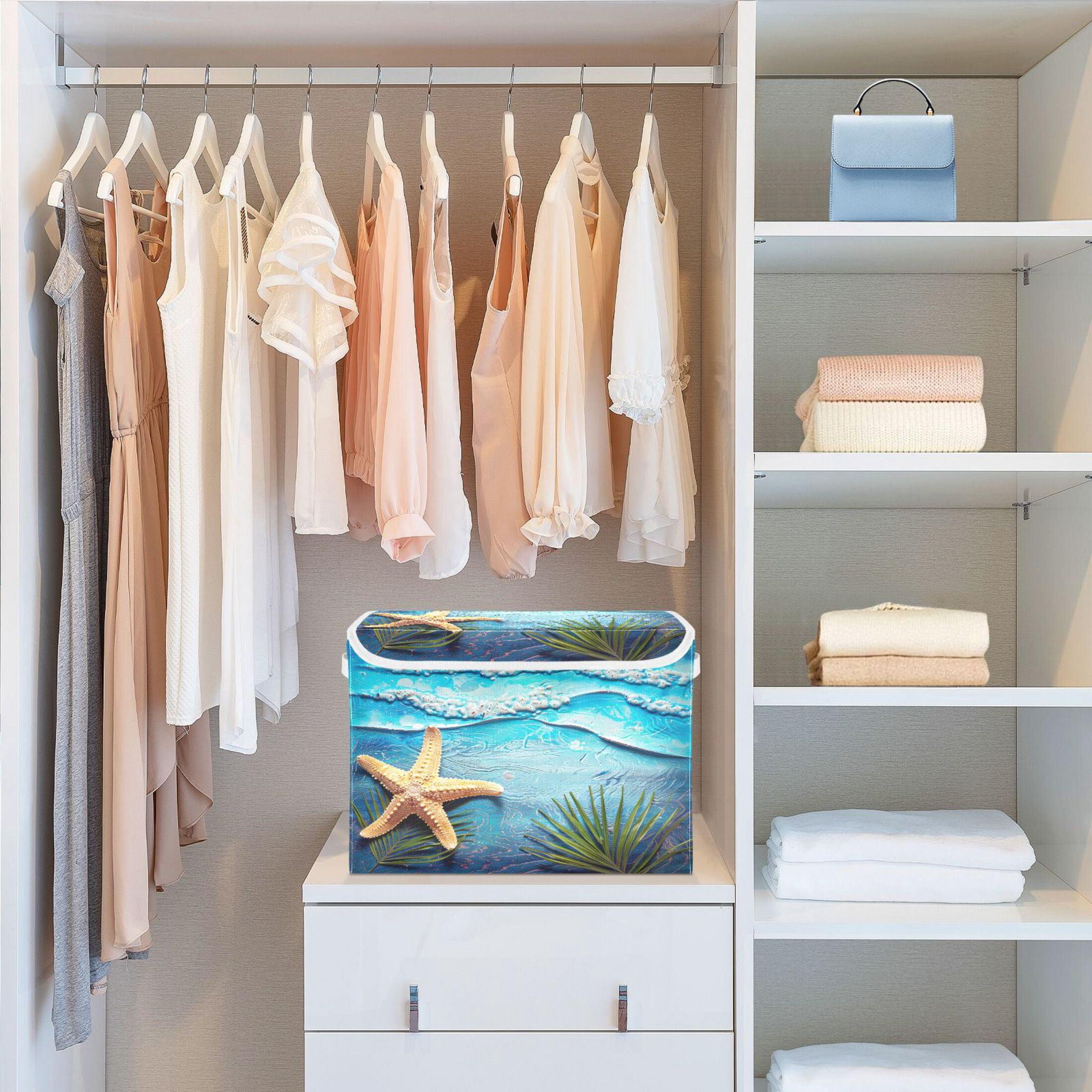 Ryvnso Sea Star on Retro Beach Large Lidded Foldable Storage Baskets Cubes Boxes Lids Bin for Home