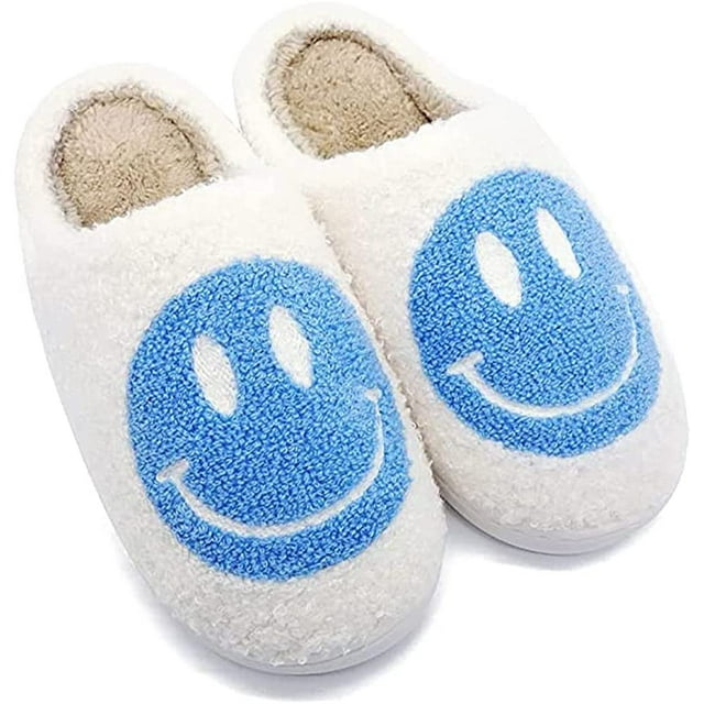 Pantoufles Fluffy Smiley Face, Pantoufles Rétro Smiley Face Douces en Peluche Confortables et Chaudes à Enfiler, Pantoufles en Peluche Moelleuses Smiley Face pour Femmes et Hommes à Mémoire de Forme