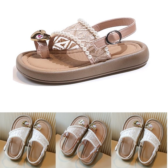 SGFCWSX Girls Flat Sandals Pearl Accent Heart Rhinestone Toe Loop Ankle Strap Open Toe Summer Sandals for Party Beach Wear Pink Size 1 Big Kids