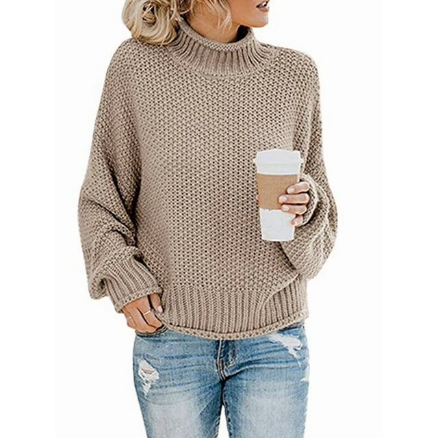 Suéter de Larga con Cuello Alto y Mangas Abullonadas para Mujer, de Color Liso, para Invierno y Otoño Caqui L