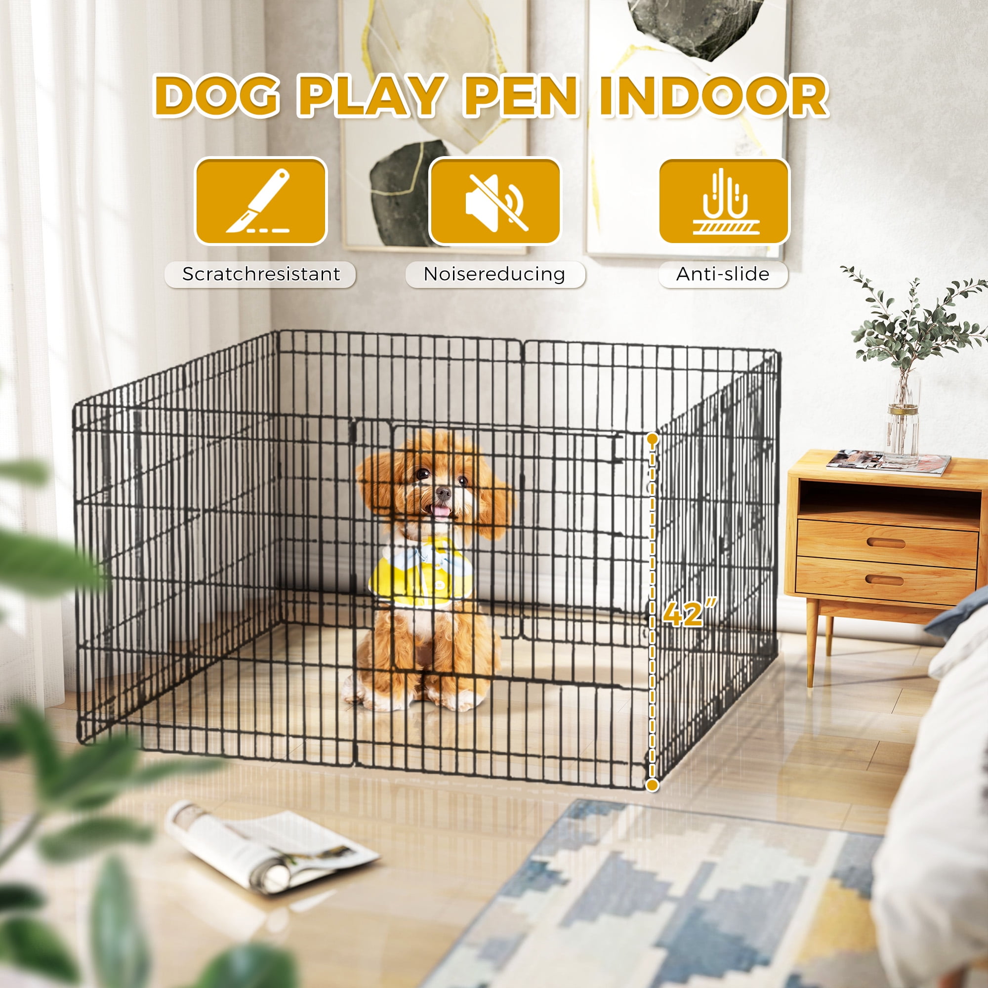 PEQULTI 42" Metal Dog Playpen 8-Panel (42" x 24") Foldable Pet Fence No Door for Indoor & Outdoor Use