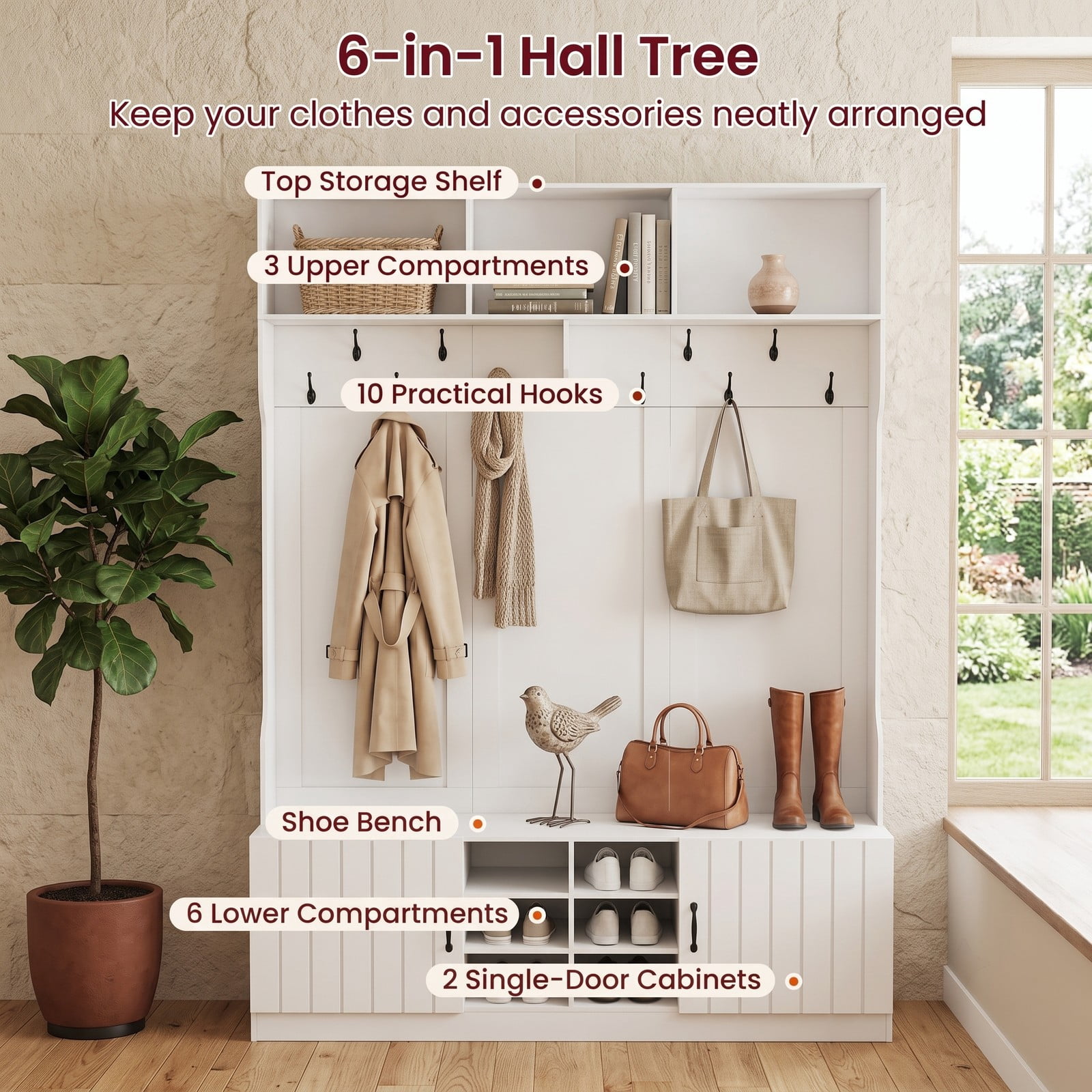 Furnibear 59 Inch Wide 6 in 1 Hall Tree with Bench Multiple Hooks and Shoe Cubby Storage for Mudroom Hallway and Bedroom, White