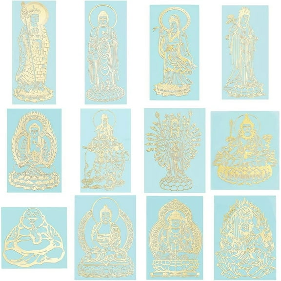 12 Styles Buddhist Theme Alloy Stickers Buddha Stickers Self Adhesive Gold Metal Stickers Metal Gold Stickers for Scrapbooks DIY Resin Crafts Phone Water Bottle Decoration