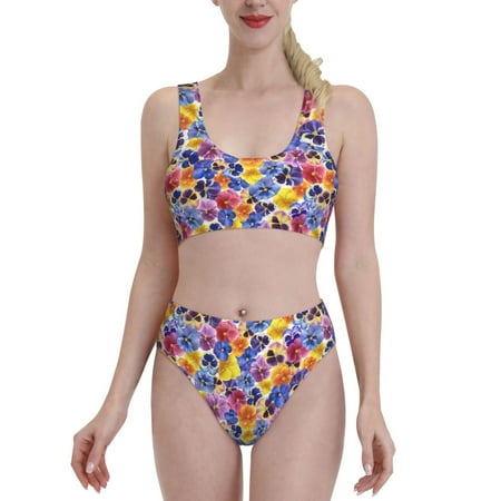 High Waisted Bikini Sets For Women  Garden Tricolor Pansy Flower Swimsuits Tummy Control  Two Pieces Bathing Suit