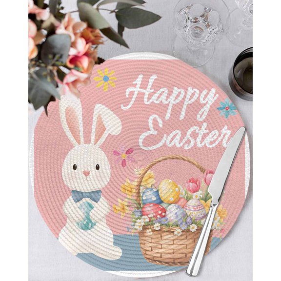 13 Inch Round Placemats Set of 6, Happy Easter Non Slip Heat Insulation PP Table Mats, Cute Bunny Colorful Eggs Spring Flowers Pink Blue Washable Place Mats for Kitchen Dining Party Table Decor