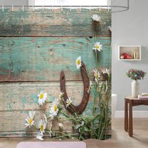 Spring Shower Curtain, Rustic Teal Wooden Farmhouse Shower Curtain Western Shower Curtain, Rusty Horseshoe Shower Curtain Set with Hooks, (70X70)