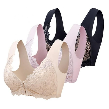 

3pcs Women Lace Bra Front Buckle Closure Bra 3/4 Cup Push Up Bra Wire Free Seamless Underwear Thin Mold Cup Bralette