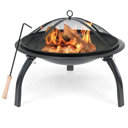 Best Choice Products 22in Portable Folding Outdoor Patio Steel BBQ Grill Fire Pit Bowl w/ Screen Cover, Log Grate, Poker, Carrying Case for Backyard, Camping, Picnic, Bonfire, Garden - (Best Logs For Fire Pit)